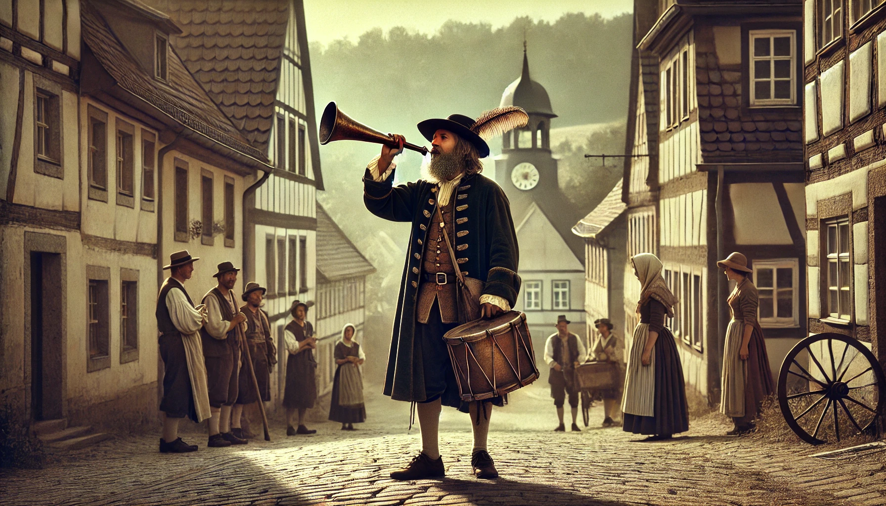 Ein Mann in altertümlicher Kleidung geht mit einer Trommel durchs Dorf und ruft Neuigkeiten aus.